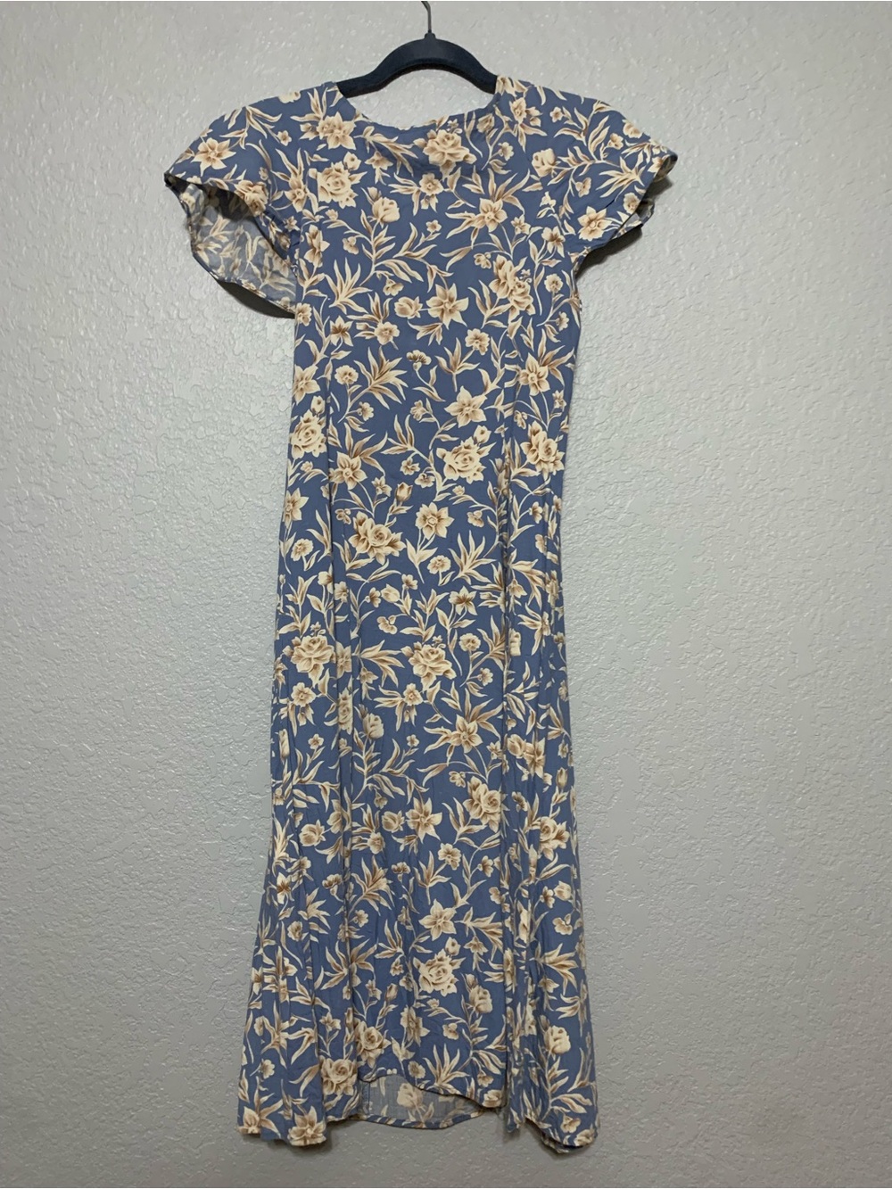 VINTAGE Blue Floral Dress with Cream Bouquet Print - Vintage Dress-